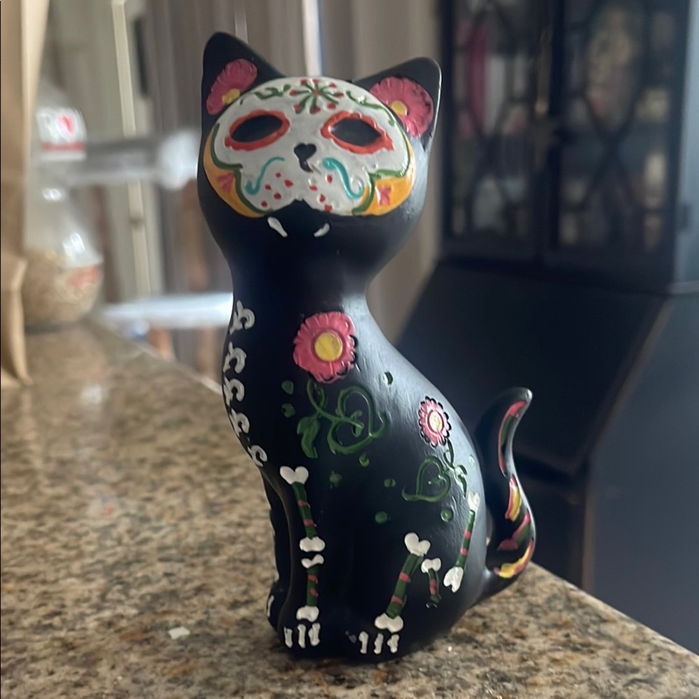Black Day of the Dead Cat Figurine with Colorful Floral Accents